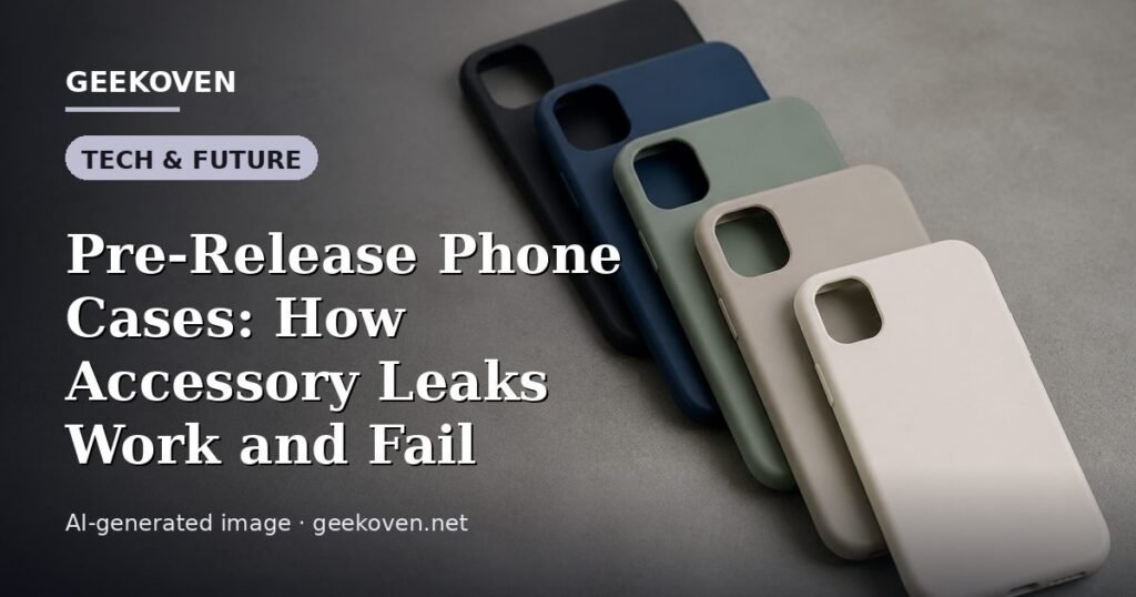 Illustration for the Tech & Future article “Pre-Release Phone Cases: How Accessory Leaks Work and Fail”: an AI-generated editorial illustration showing an electronics workbench with an unbranded phone chassis opened up and its parts laid out, with the headline set over it. Illustrative only, not a photograph of a real event.