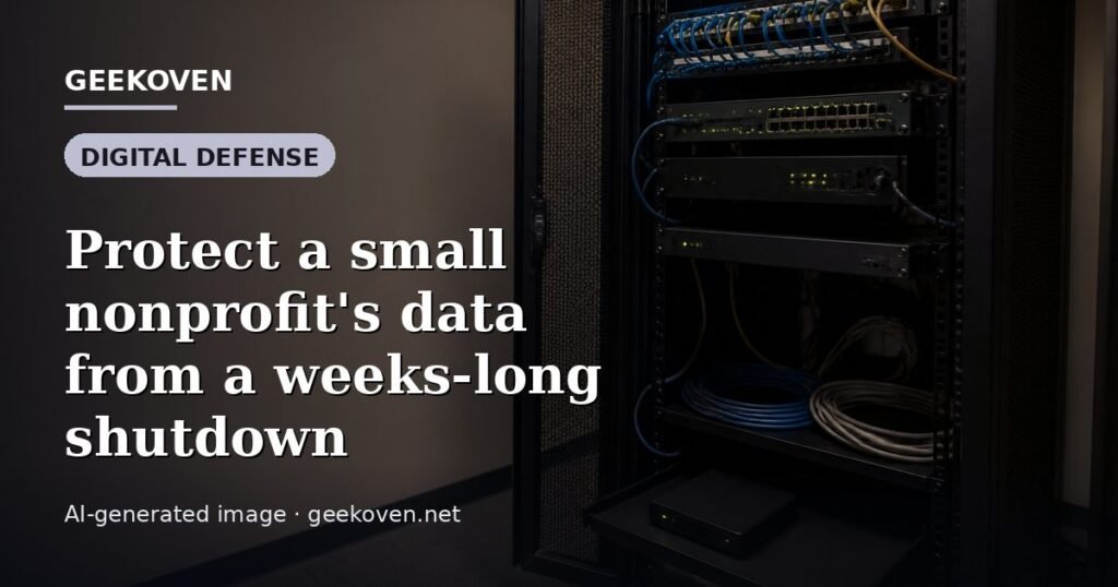 Illustration for the Digital Defense article “Protect a small nonprofit's data from a weeks-long shutdown”: an AI-generated editorial illustration showing a scene illustrating the subject of the article, with the headline set over it. Illustrative only, not a photograph of a real event.