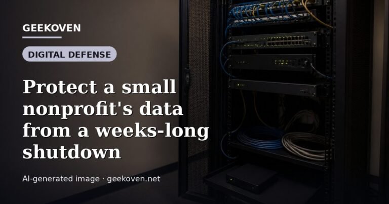Illustration for the Digital Defense article “Protect a small nonprofit's data from a weeks-long shutdown”: an AI-generated editorial illustration showing a scene illustrating the subject of the article, with the headline set over it. Illustrative only, not a photograph of a real event.