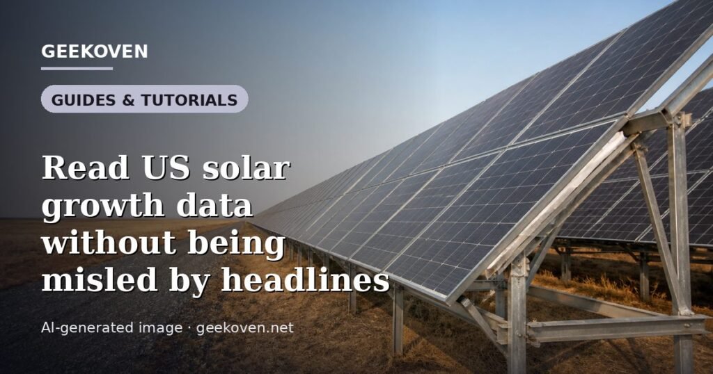 Illustration for the Guides & Tutorials article “Read US solar growth data without being misled by headlines”: an AI-generated editorial illustration showing a scene illustrating the subject of the article, with the headline set over it. Illustrative only, not a photograph of a real event.