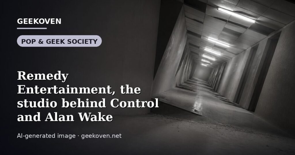 Illustration for the Pop & Geek Society article “Remedy Entertainment, the studio behind Control and Alan Wake”: an AI-generated editorial illustration showing a studio workspace seen from above, with a production timeline across the wall, with the headline set over it. Illustrative only, not a photograph of a real event.
