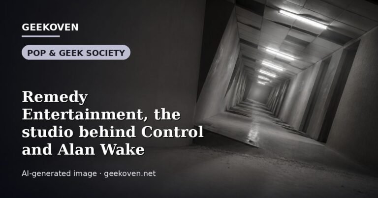 Illustration for the Pop & Geek Society article “Remedy Entertainment, the studio behind Control and Alan Wake”: an AI-generated editorial illustration showing a studio workspace seen from above, with a production timeline across the wall, with the headline set over it. Illustrative only, not a photograph of a real event.
