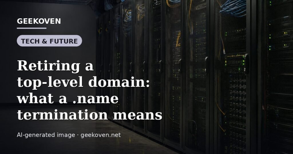 Illustration for the Tech & Future article “Retiring a top-level domain: what a .name termination means”: an AI-generated editorial illustration showing a scene illustrating the subject of the article, with the headline set over it. Illustrative only, not a photograph of a real event.