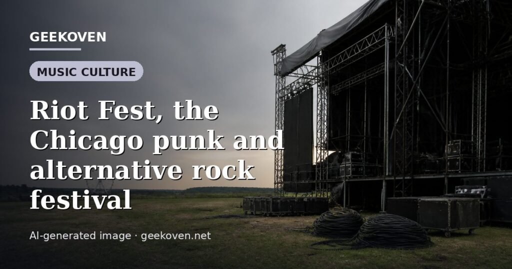 Illustration for the Music Culture article “Riot Fest, the Chicago punk and alternative rock festival”: an AI-generated editorial illustration showing a scene illustrating the subject of the article, with the headline set over it. Illustrative only, not a photograph of a real event.