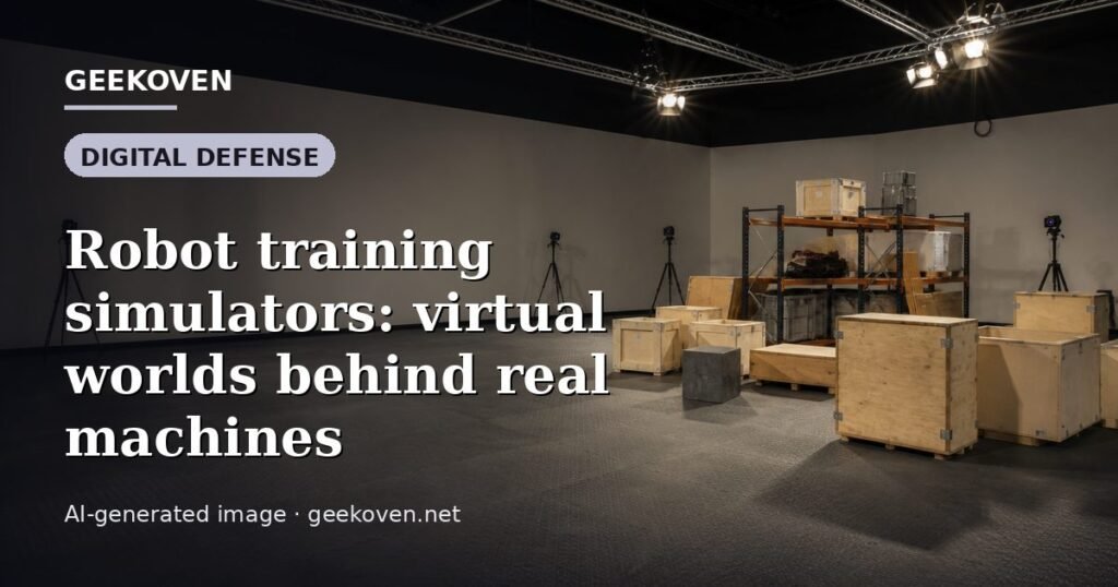 Illustration for the Digital Defense article “Robot training simulators: virtual worlds behind real machines”: an AI-generated editorial illustration showing a scene illustrating the subject of the article, with the headline set over it. Illustrative only, not a photograph of a real event.