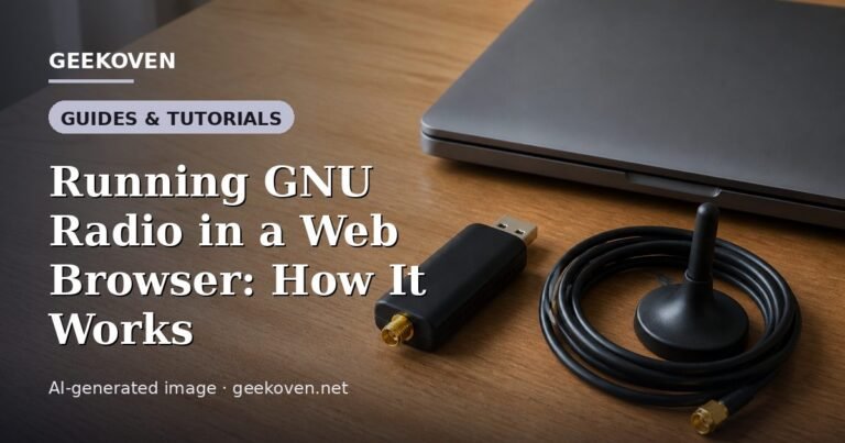 Illustration for the Guides & Tutorials article “Running GNU Radio in a Web Browser: How It Works”: an AI-generated editorial illustration showing a scene illustrating the subject of the article, with the headline set over it. Illustrative only, not a photograph of a real event.