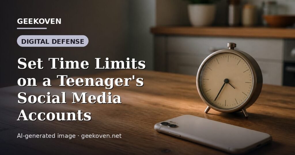 Illustration for the Digital Defense article “Set Time Limits on a Teenager's Social Media Accounts”: an AI-generated editorial illustration showing a scene illustrating the subject of the article, with the headline set over it. Illustrative only, not a photograph of a real event.