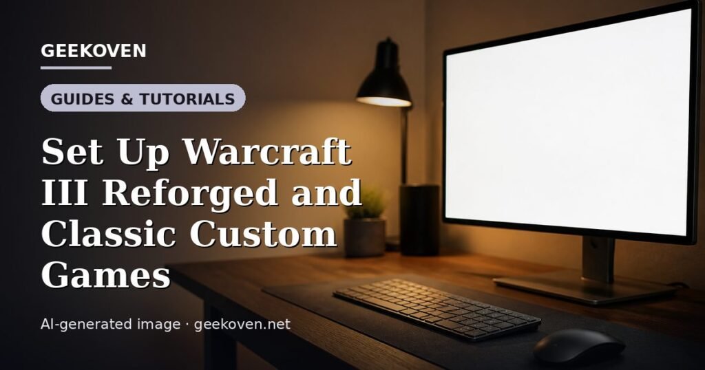 Illustration for the Guides & Tutorials article “Set Up Warcraft III Reforged and Classic Custom Games”: an AI-generated editorial illustration showing a scene illustrating the subject of the article, with the headline set over it. Illustrative only, not a photograph of a real event.