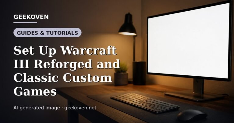 Illustration for the Guides & Tutorials article “Set Up Warcraft III Reforged and Classic Custom Games”: an AI-generated editorial illustration showing a scene illustrating the subject of the article, with the headline set over it. Illustrative only, not a photograph of a real event.