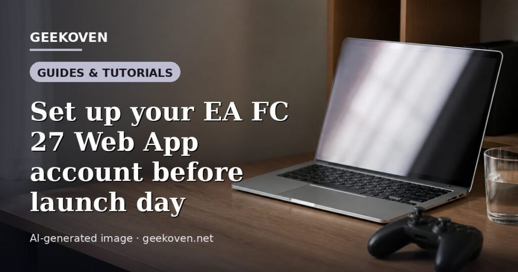 Illustration for the Guides & Tutorials article “Set up your EA FC 27 Web App account before launch day”: an AI-generated editorial illustration showing an empty training ground at dawn with cones and markers laid out, with the headline set over it. Illustrative only, not a photograph of a real event.