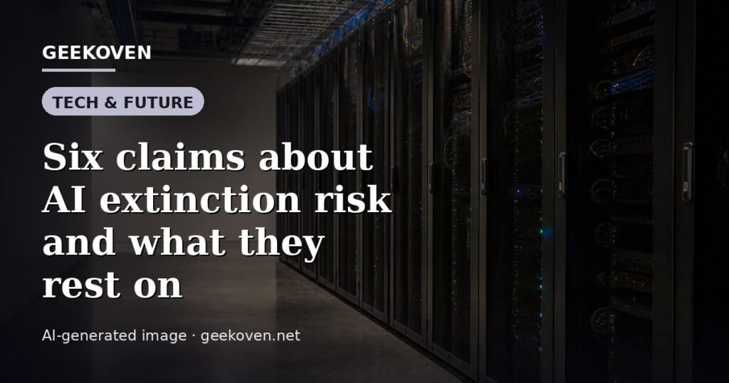 Illustration for the Tech & Future article “Six claims about AI extinction risk and what they rest on”: an AI-generated editorial illustration showing a scene illustrating the subject of the article, with the headline set over it. Illustrative only, not a photograph of a real event.
