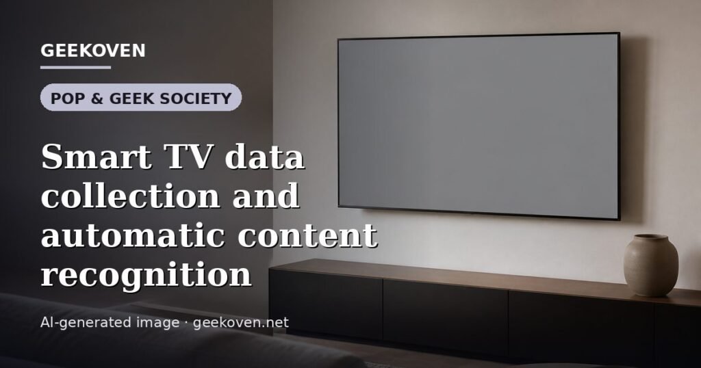 Illustration for the Pop & Geek Society article “Smart TV data collection and automatic content recognition”: an AI-generated editorial illustration showing a stadium crowd seen from high above, lights arranged in coordinated patterns, with the headline set over it. Illustrative only, not a photograph of a real event.