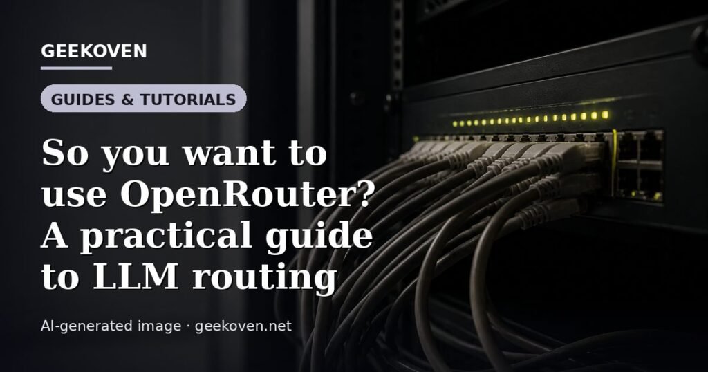 Illustration for the Guides & Tutorials article “So you want to use OpenRouter? A practical guide to LLM routing”: an AI-generated editorial illustration showing a scene illustrating the subject of the article, with the headline set over it. Illustrative only, not a photograph of a real event.