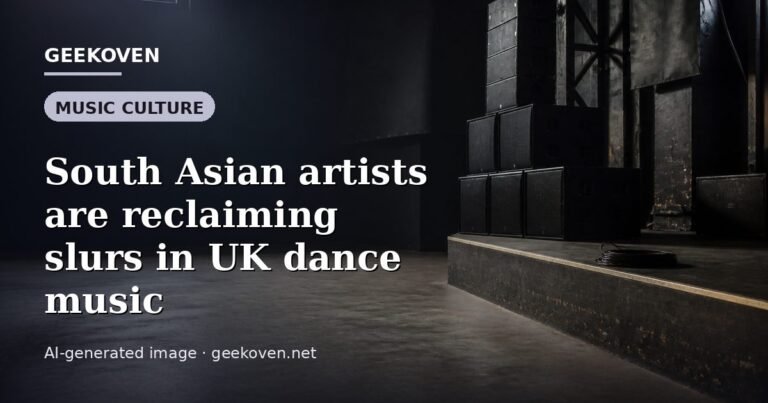 Illustration for the Music Culture article “South Asian artists are reclaiming slurs in UK dance music”: an AI-generated editorial illustration showing a scene illustrating the subject of the article, with the headline set over it. Illustrative only, not a photograph of a real event.