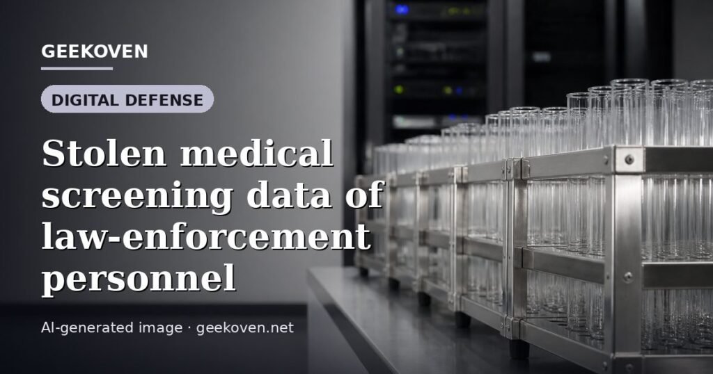 Illustration for the Digital Defense article “Stolen medical screening data of law-enforcement personnel”: an AI-generated editorial illustration showing a scene illustrating the subject of the article, with the headline set over it. Illustrative only, not a photograph of a real event.