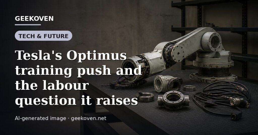 Illustration for the Tech & Future article “Tesla's Optimus training push and the labour question it raises”: an AI-generated editorial illustration showing a scene illustrating the subject of the article, with the headline set over it. Illustrative only, not a photograph of a real event.