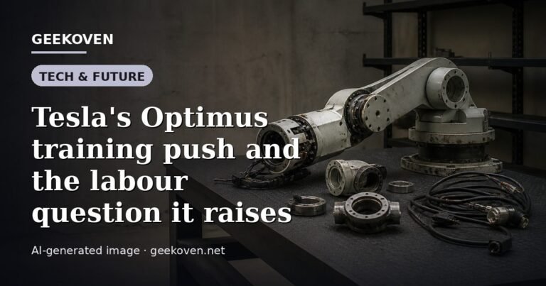 Illustration for the Tech & Future article “Tesla's Optimus training push and the labour question it raises”: an AI-generated editorial illustration showing a scene illustrating the subject of the article, with the headline set over it. Illustrative only, not a photograph of a real event.