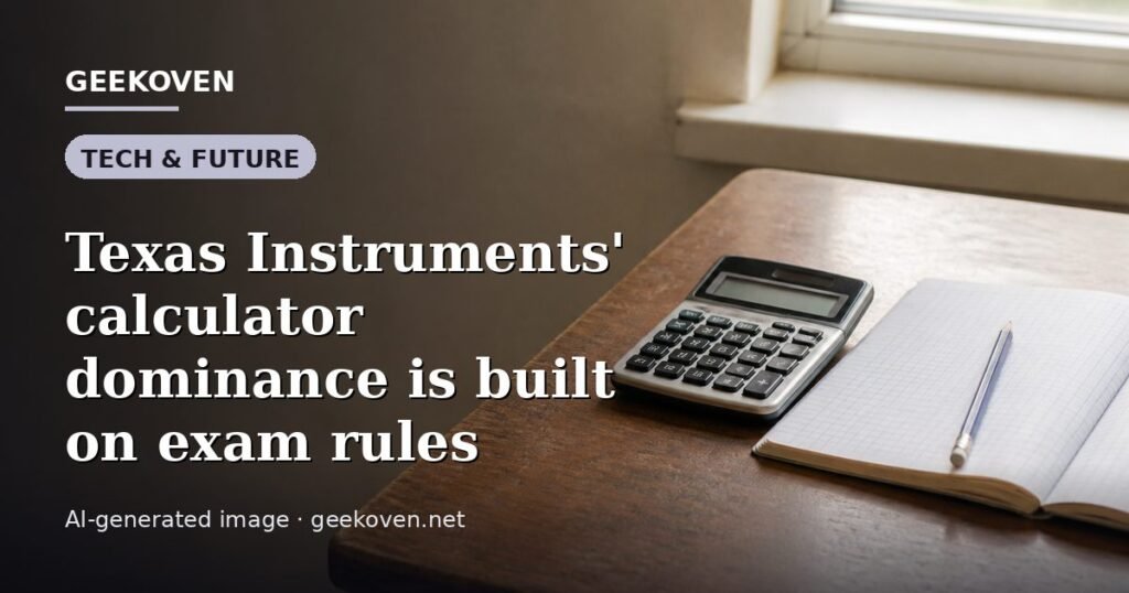 Illustration for the Tech & Future article “Texas Instruments' calculator dominance is built on exam rules”: an AI-generated editorial illustration showing a scene illustrating the subject of the article, with the headline set over it. Illustrative only, not a photograph of a real event.