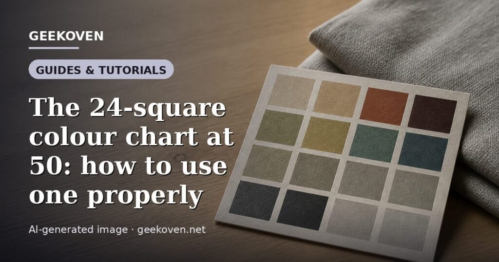 Illustration for the Guides & Tutorials article “The 24-square colour chart at 50: how to use one properly”: an AI-generated editorial illustration showing a scene illustrating the subject of the article, with the headline set over it. Illustrative only, not a photograph of a real event.