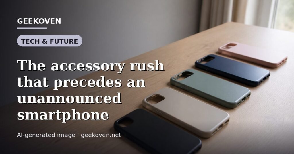Illustration for the Tech & Future article “The accessory rush that precedes an unannounced smartphone”: an AI-generated editorial illustration showing a scene illustrating the subject of the article, with the headline set over it. Illustrative only, not a photograph of a real event.