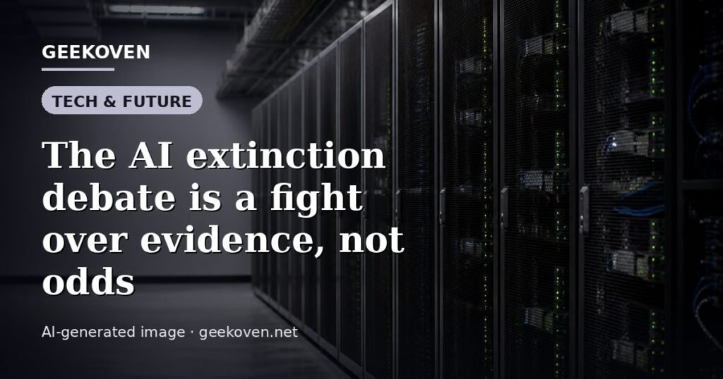 Illustration for the Tech & Future article “The AI extinction debate is a fight over evidence, not odds”: an AI-generated editorial illustration showing a scene illustrating the subject of the article, with the headline set over it. Illustrative only, not a photograph of a real event.