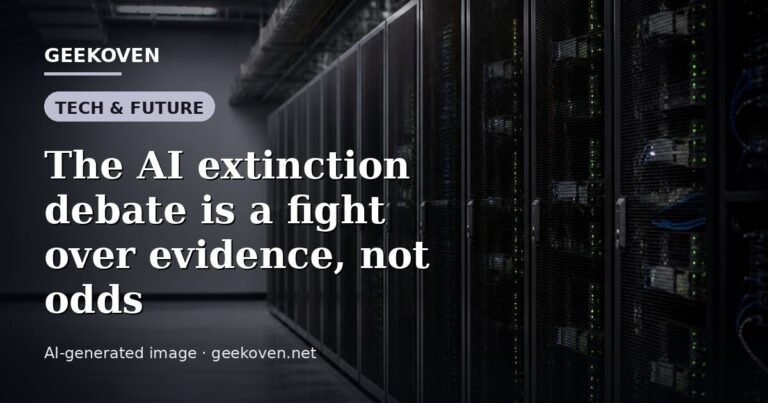 Illustration for the Tech & Future article “The AI extinction debate is a fight over evidence, not odds”: an AI-generated editorial illustration showing a scene illustrating the subject of the article, with the headline set over it. Illustrative only, not a photograph of a real event.