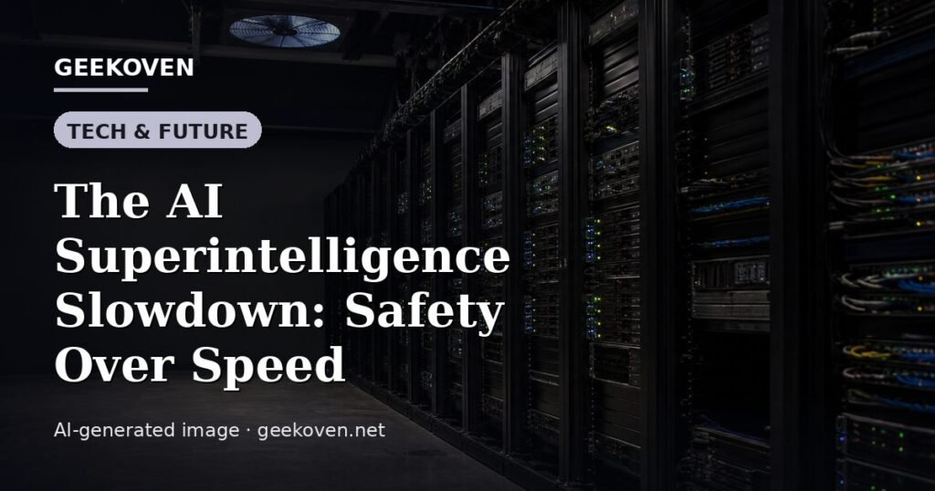 Illustration for the Tech & Future article “The AI Superintelligence Slowdown: Safety Over Speed”: an AI-generated editorial illustration showing a scene illustrating the subject of the article, with the headline set over it. Illustrative only, not a photograph of a real event.