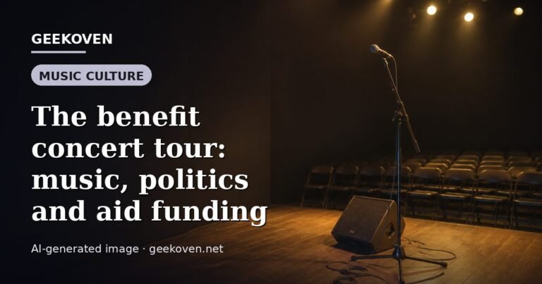 Illustration for the Music Culture article “The benefit concert tour: music, politics and aid funding”: an AI-generated editorial illustration showing a scene illustrating the subject of the article, with the headline set over it. Illustrative only, not a photograph of a real event.