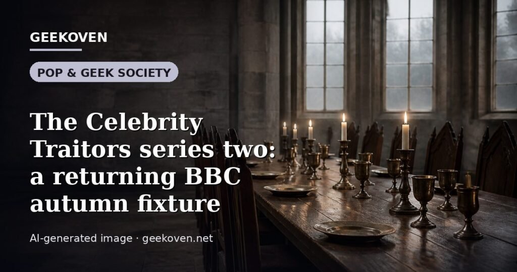 Illustration for the Pop & Geek Society article “The Celebrity Traitors series two: a returning BBC autumn fixture”: an AI-generated editorial illustration showing a scene illustrating the subject of the article, with the headline set over it. Illustrative only, not a photograph of a real event.