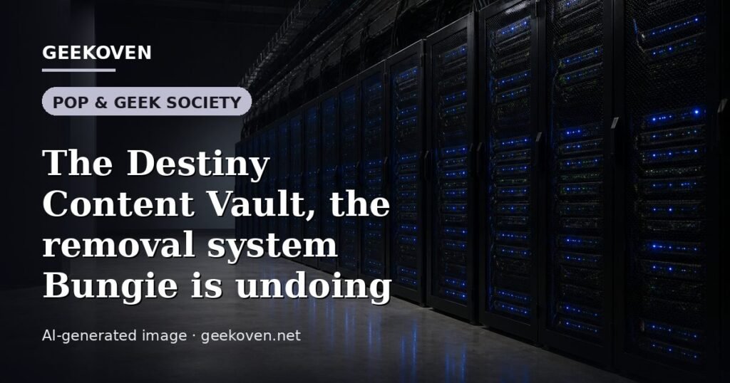 Illustration for the Pop & Geek Society article “The Destiny Content Vault, the removal system Bungie is undoing”: an AI-generated editorial illustration showing a scene illustrating the subject of the article, with the headline set over it. Illustrative only, not a photograph of a real event.