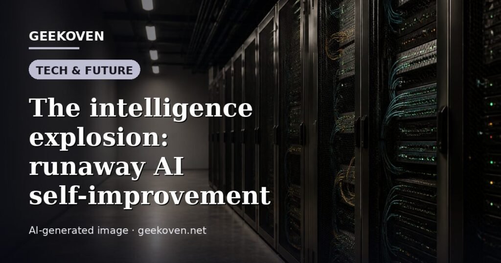 Illustration for the Tech & Future article “The intelligence explosion: runaway AI self-improvement”: an AI-generated editorial illustration showing a scene illustrating the subject of the article, with the headline set over it. Illustrative only, not a photograph of a real event.