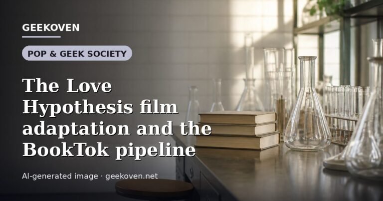 Illustration for the Pop & Geek Society article “The Love Hypothesis film adaptation and the BookTok pipeline”: an AI-generated editorial illustration showing a scene illustrating the subject of the article, with the headline set over it. Illustrative only, not a photograph of a real event.