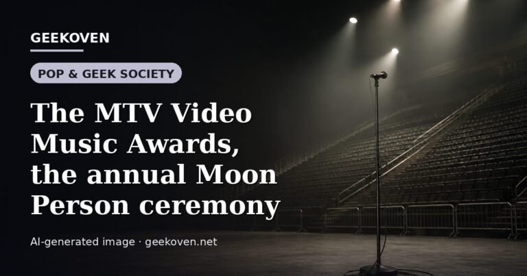 Illustration for the Pop & Geek Society article “The MTV Video Music Awards, the annual Moon Person ceremony”: an AI-generated editorial illustration showing a scene illustrating the subject of the article, with the headline set over it. Illustrative only, not a photograph of a real event.