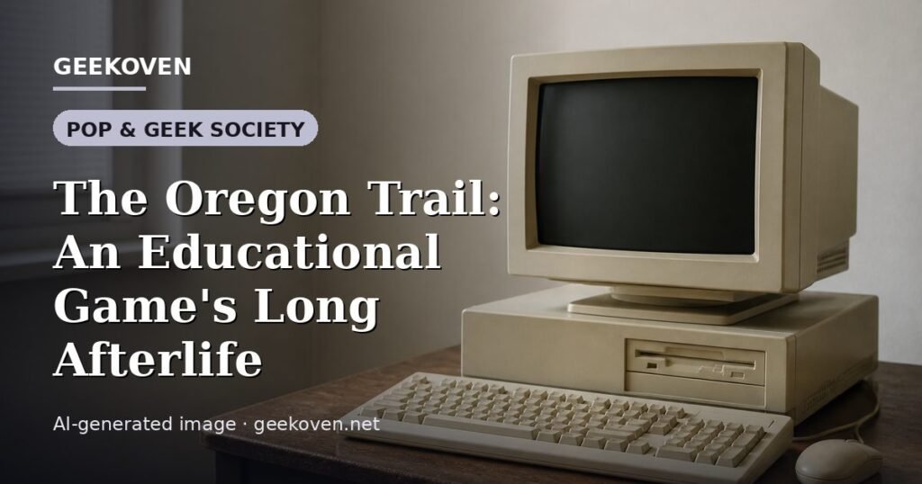 Illustration for the Pop & Geek Society article “The Oregon Trail: An Educational Game's Long Afterlife”: an AI-generated editorial illustration showing a scene illustrating the subject of the article, with the headline set over it. Illustrative only, not a photograph of a real event.