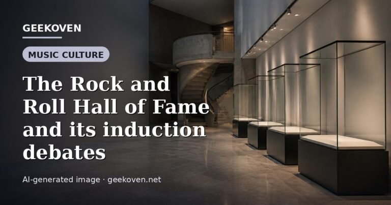 Illustration for the Music Culture article “The Rock and Roll Hall of Fame and its induction debates”: an AI-generated editorial illustration showing a scene illustrating the subject of the article, with the headline set over it. Illustrative only, not a photograph of a real event.