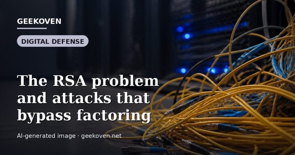 Illustration for the Digital Defense article “The RSA problem and attacks that bypass factoring”: an AI-generated editorial illustration showing a scene illustrating the subject of the article, with the headline set over it. Illustrative only, not a photograph of a real event.