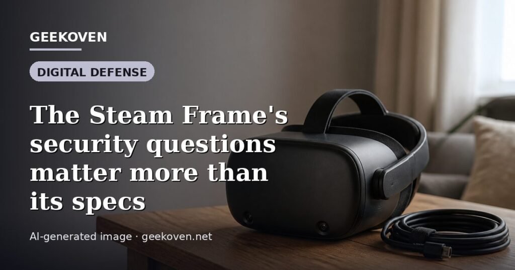 Illustration for the Digital Defense article “The Steam Frame's security questions matter more than its specs”: an AI-generated editorial illustration showing a scene illustrating the subject of the article, with the headline set over it. Illustrative only, not a photograph of a real event.
