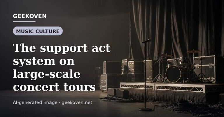 Illustration for the Music Culture article “The support act system on large-scale concert tours”: an AI-generated editorial illustration showing a scene illustrating the subject of the article, with the headline set over it. Illustrative only, not a photograph of a real event.