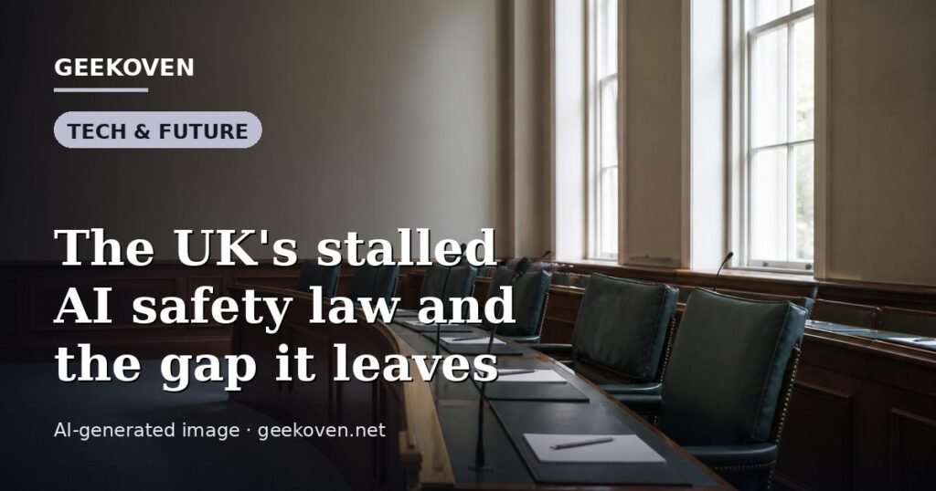 Illustration for the Tech & Future article “The UK's stalled AI safety law and the gap it leaves”: an AI-generated editorial illustration showing a scene illustrating the subject of the article, with the headline set over it. Illustrative only, not a photograph of a real event.