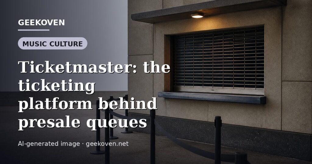 Illustration for the Music Culture article “Ticketmaster: the ticketing platform behind presale queues”: an AI-generated editorial illustration showing a scene illustrating the subject of the article, with the headline set over it. Illustrative only, not a photograph of a real event.