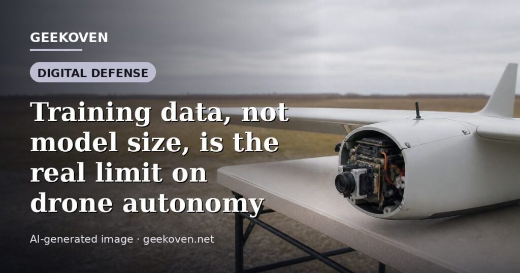 Illustration for the Digital Defense article “Training data, not model size, is the real limit on drone autonomy”: an AI-generated editorial illustration showing a scene illustrating the subject of the article, with the headline set over it. Illustrative only, not a photograph of a real event.