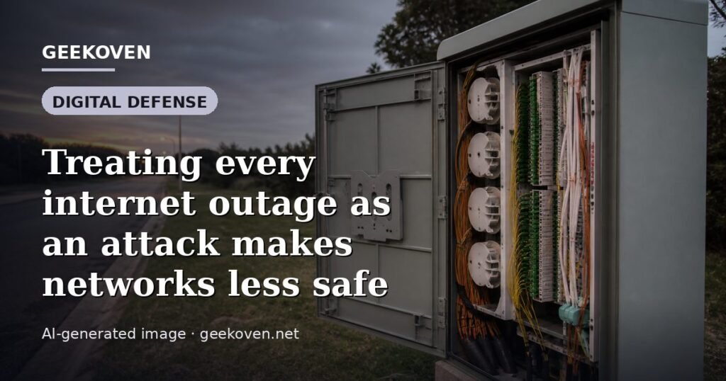 Illustration for the Digital Defense article “Treating every internet outage as an attack makes networks less safe”: an AI-generated editorial illustration showing a scene illustrating the subject of the article, with the headline set over it. Illustrative only, not a photograph of a real event.