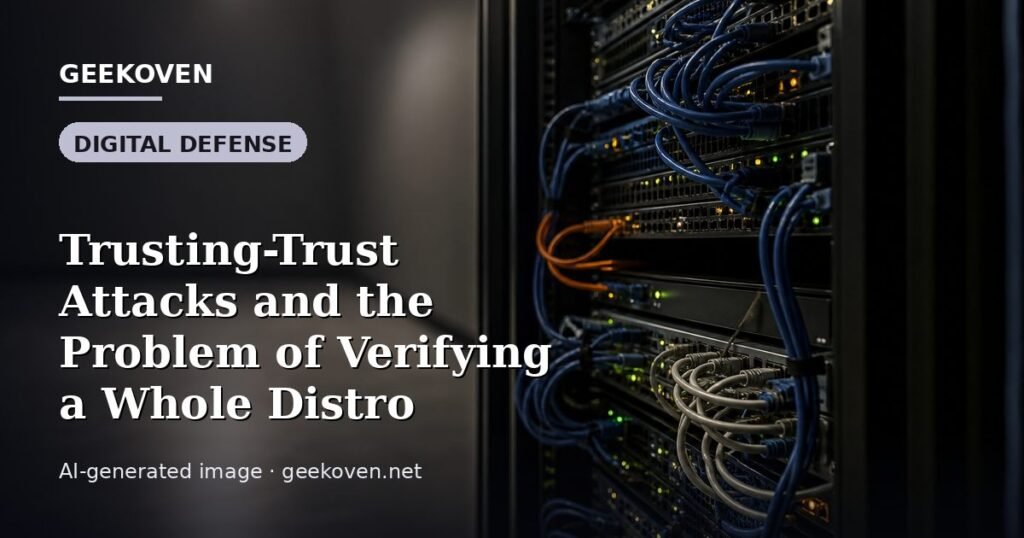 Illustration for the Digital Defense article “Trusting-Trust Attacks and the Problem of Verifying a Whole Distro”: an AI-generated editorial illustration showing a scene illustrating the subject of the article, with the headline set over it. Illustrative only, not a photograph of a real event.