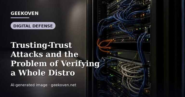 Illustration for the Digital Defense article “Trusting-Trust Attacks and the Problem of Verifying a Whole Distro”: an AI-generated editorial illustration showing a scene illustrating the subject of the article, with the headline set over it. Illustrative only, not a photograph of a real event.