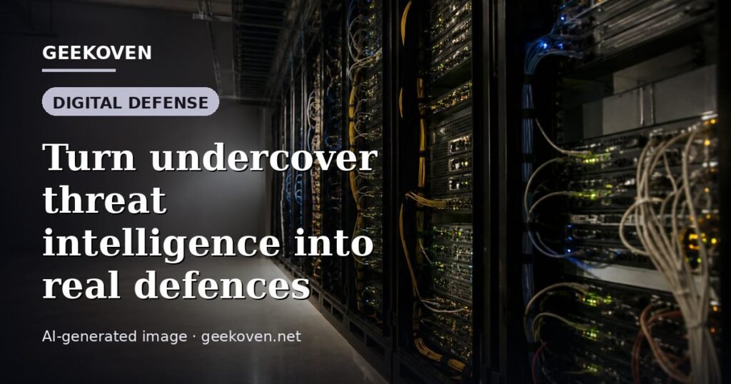 Illustration for the Digital Defense article “Turn undercover threat intelligence into real defences”: an AI-generated editorial illustration showing a scene illustrating the subject of the article, with the headline set over it. Illustrative only, not a photograph of a real event.