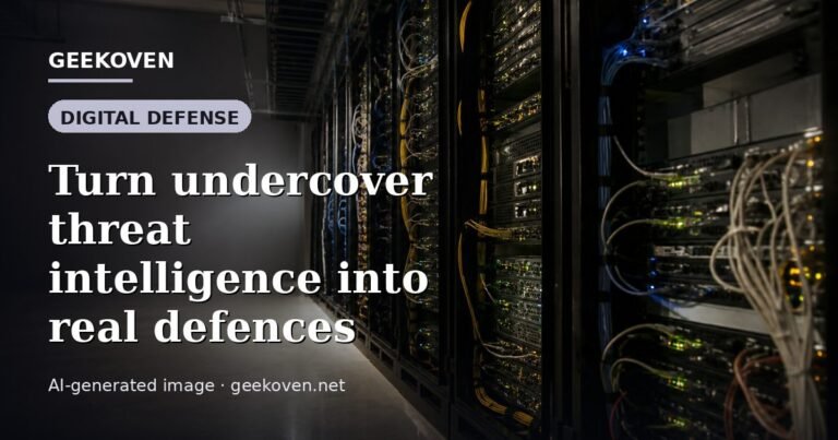 Illustration for the Digital Defense article “Turn undercover threat intelligence into real defences”: an AI-generated editorial illustration showing a scene illustrating the subject of the article, with the headline set over it. Illustrative only, not a photograph of a real event.