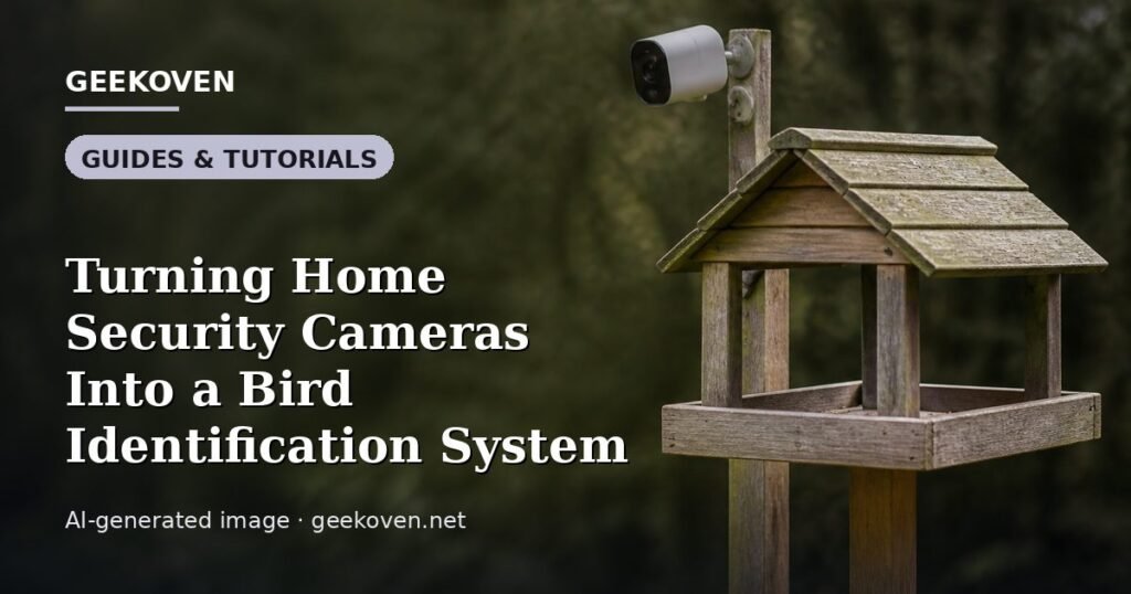 Illustration for the Guides & Tutorials article “Turning Home Security Cameras Into a Bird Identification System”: an AI-generated editorial illustration showing a scene illustrating the subject of the article, with the headline set over it. Illustrative only, not a photograph of a real event.