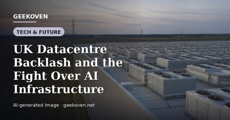 Illustration for the Tech & Future article “UK Datacentre Backlash and the Fight Over AI Infrastructure”: an AI-generated editorial illustration showing a scene illustrating the subject of the article, with the headline set over it. Illustrative only, not a photograph of a real event.