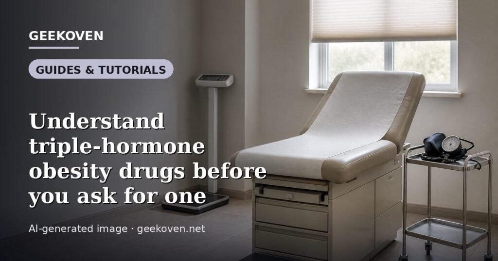 Illustration for the Guides & Tutorials article “Understand triple-hormone obesity drugs before you ask for one”: an AI-generated editorial illustration showing a scene illustrating the subject of the article, with the headline set over it. Illustrative only, not a photograph of a real event.