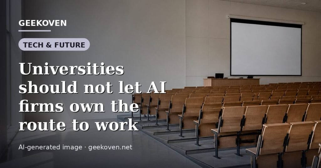 Illustration for the Tech & Future article “Universities should not let AI firms own the route to work”: an AI-generated editorial illustration showing a scene illustrating the subject of the article, with the headline set over it. Illustrative only, not a photograph of a real event.